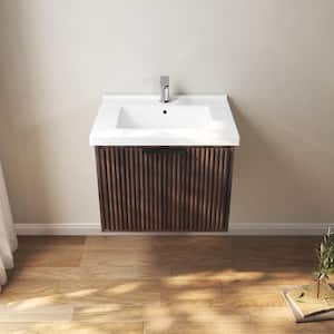 VLeaf 24 in. W x 19 in. D x 19 in. H Single Sink Wall Hung Bath Vanity Cabinet in Dark Walnut with White Ceramic Top