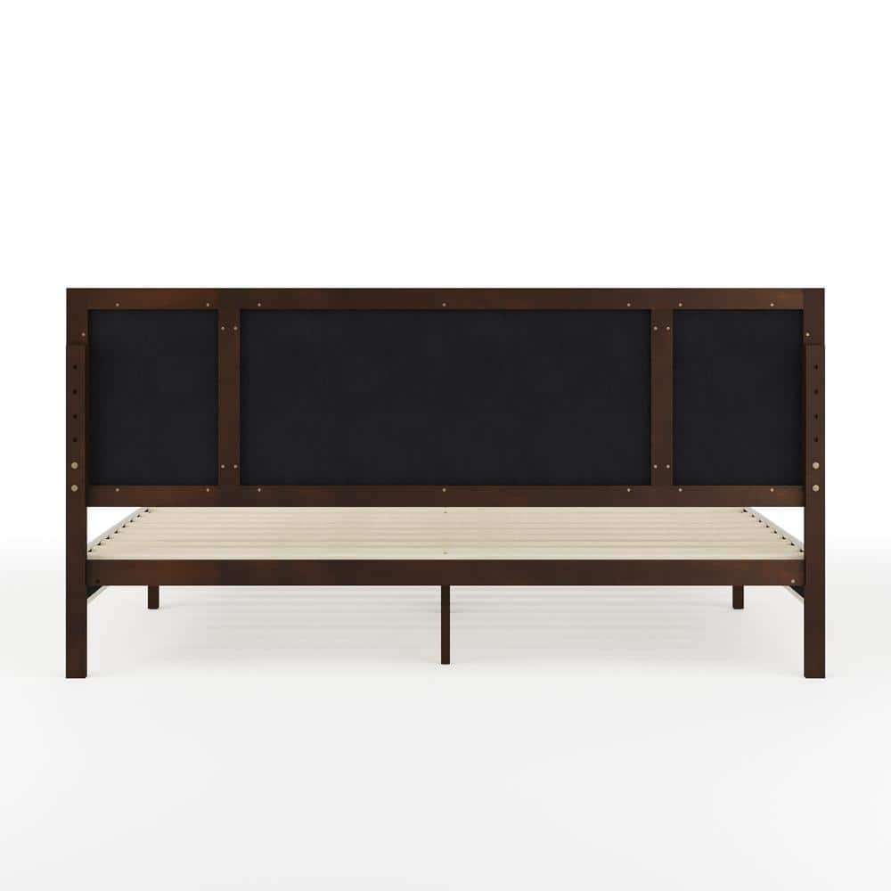 King Dark Brown Upholstered Wood Frame Platform Bed with Headboard