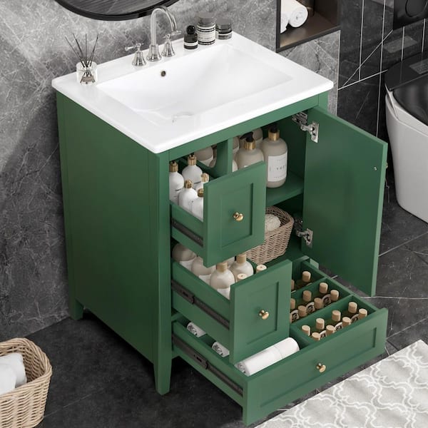 24 in. Single Sink Dark Green Bath Vanity with White Ceramic Top, Drawer, Adjustable Shelf, Unassembled