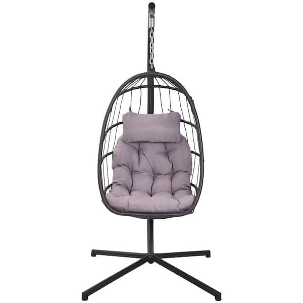 TIRAMISUBEST 1-Person Wicker Hanging Chair Egg Chair Patio Swing with Gray Cushion