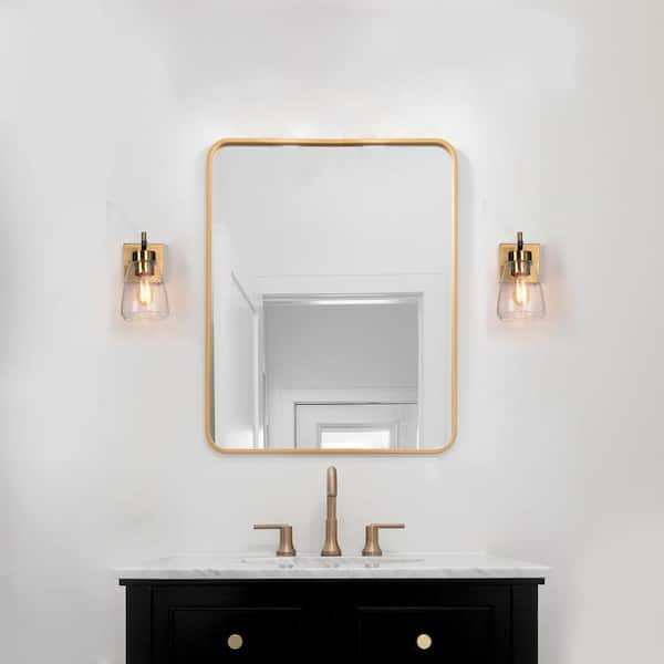 8.7 in. 1-Light Modern Brass and Black Wall Sconce Light, Industrial Gold Bathroom Light with Seeded Glass Shades