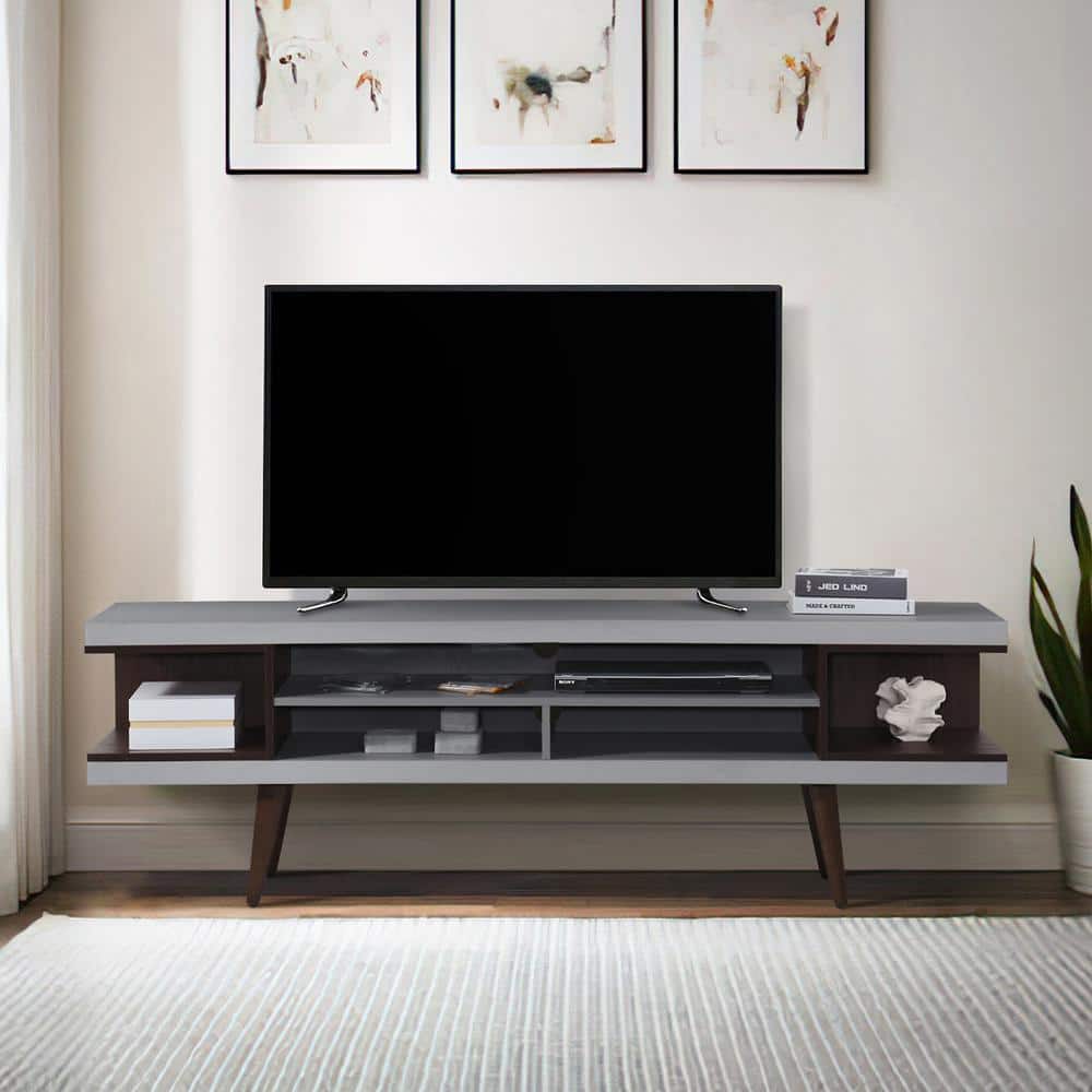 70.87 in. Grey Wood TV Stand with 5 Storage Shelves Fits TV ft.s up to 75 i