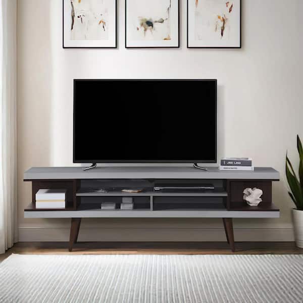 70.87 in. Grey Wood TV Stand with 5 Storage Shelves Fits TV ft.s up to 75 in.
