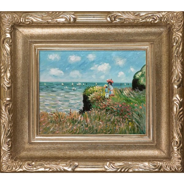 LA PASTICHE Cliff Walk at Pourville by Claude Monet Florentine Dark Champagne Framed Nature Oil Painting Art Print 15 in. x 17 in.