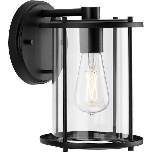 Progress Lighting Gunther 6.5 in. 1-Light Matte Black Outdoor Medium Wall Lantern with Clear Glass Shade Sconce