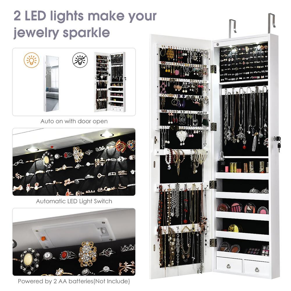 Elegant White Wall-Mounted Mirrored Jewelry Cabinet with LED Lights