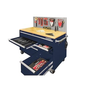 52 in. W x 24.5 in. D 9-Drawer Standard Duty Mobile Workbench with Solid Work Top and Pegboard in Gloss Blue