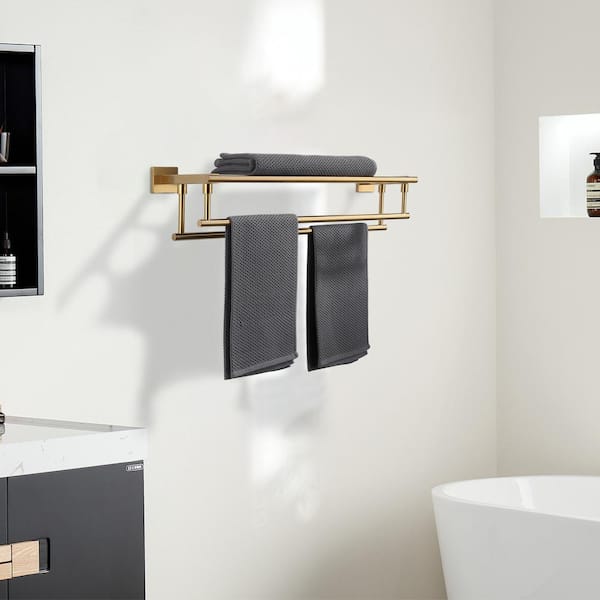 24 in. Bathroom Wall Mounted Double Tier Towel Rack with Double Towel Bar Stainless Steel in Brushed Gold