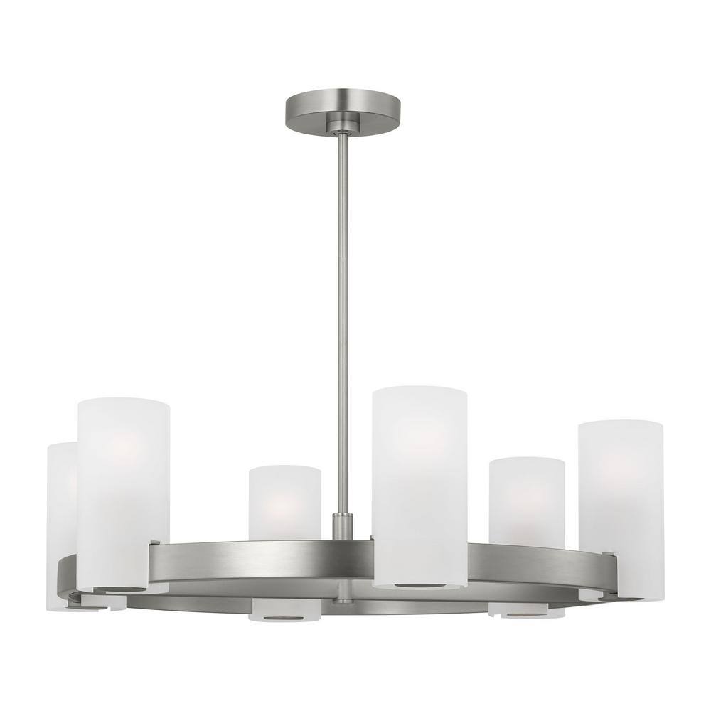 Rhode Brushed Steel 6-Light Chandelier with Etched Glass Shades