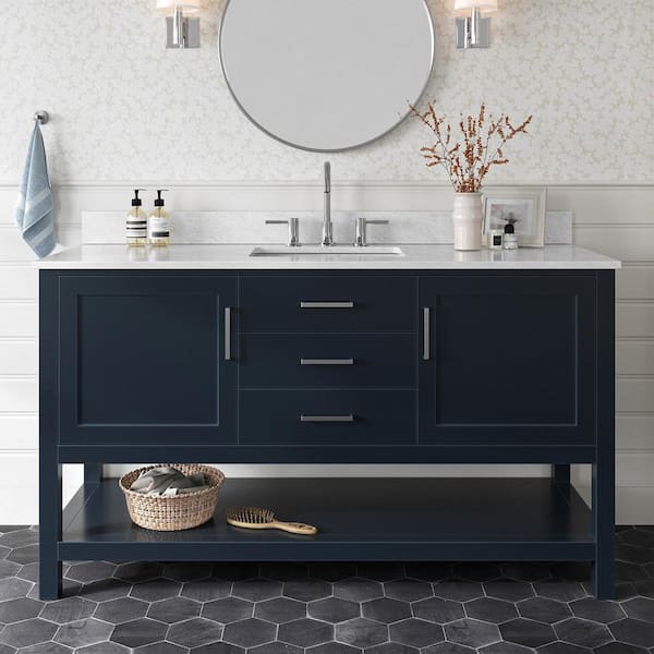 ARIEL Bayhill 61 in. W x 22 in. D x 35.25 in. H Freestanding Bath Vanity in Midnight Blue with Carrara White Marble Top