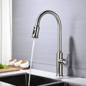 Brushed Nickel Kitchen Sink Faucet Single Level Pull Out Sprayer with Deck Plate 