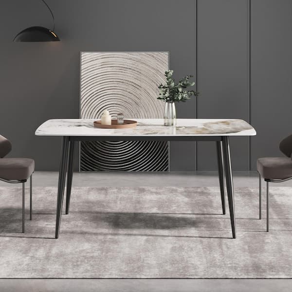 Magic Home 63 in. Pandora Pattern Rectangle Sintered Stone Top Black Metal 4 Legs Dining Table (Seats 6)