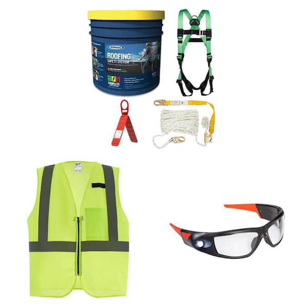 Fall Protection Roofing Safety Kit, L/XL Yellow Class 2 Safety Vest with 1 Pocket, and SPG500 LED Safety Glasses