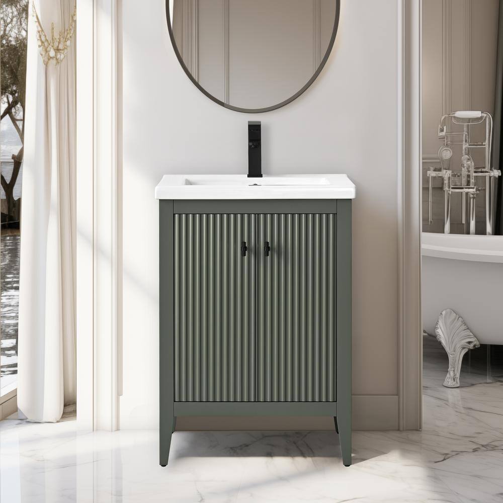 24" Green Poplar Wood Single Sink Bathroom Vanity with Ceramic Top