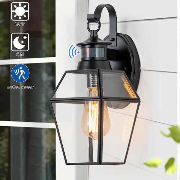 C Cattleya 1-Light Black Metal and Brass Motion Sensing Dusk to Dawn  Outdoor Wall Lantern Sconce with Clear Tempered Glass Panes CA2212-W The  Home Depot
