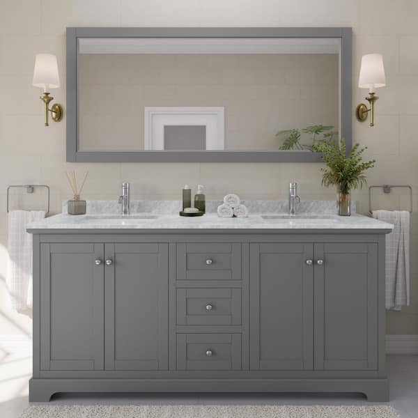 Wyndham Collection Avery 72 in. W x 22 in. D Bathroom Vanity in Dark Gray with Marble Vanity Top in White Carrara with White Basins