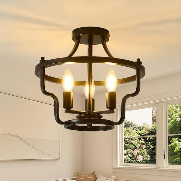 Farmhouse 14 in. 3-Light Industrial Black Bowl-Shape Semi-Flush Mount Ceiling Light for Dining Room Hallway Entryway
