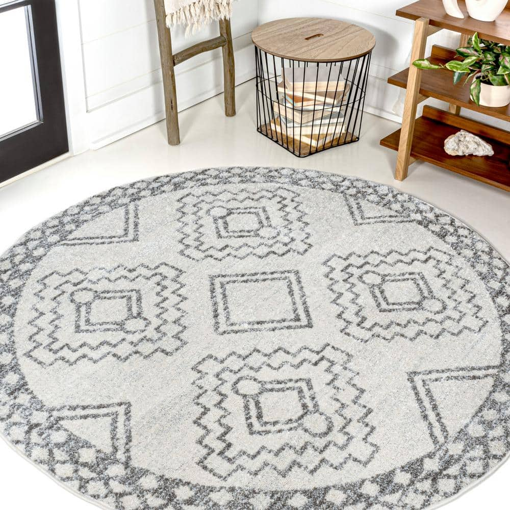 7'9 Round Outdoor Rug-Black/Tan Diamonds