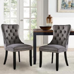 High-end Tufted Solid Wood Contemporary Velvet Upholstered Dining Chair with Wood Legs 2-Pcs Set in Gray Dining Chair