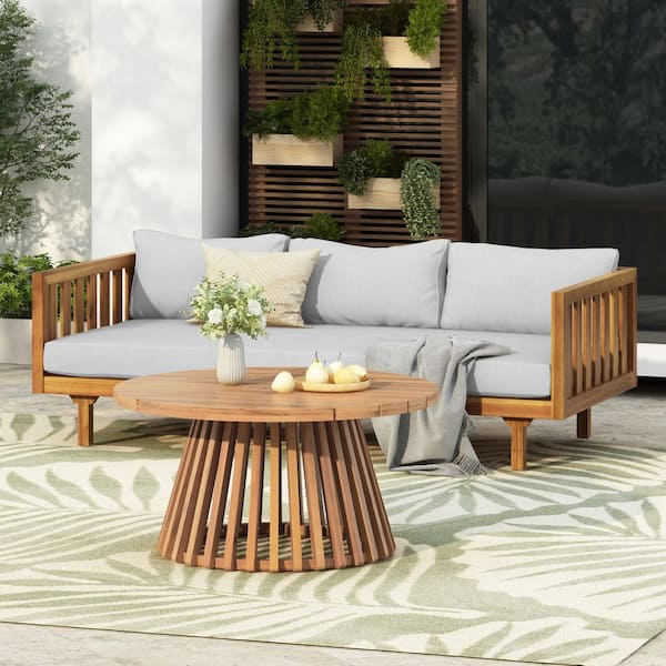 CHRISTOPHER KNIGHT HOME Lainey Modern 2-Piece Solid Wood Patio Conversation Set Outdoor Daybed with Light Gray Cushions, Coffee Table, Teak
