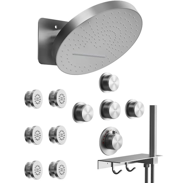 GRANDJOY Module Switch 15-Spray 12.6 in. Dual Wall Mount Fixed and Handheld Shower Head 2.5 GPM in Brushed Nickel Include