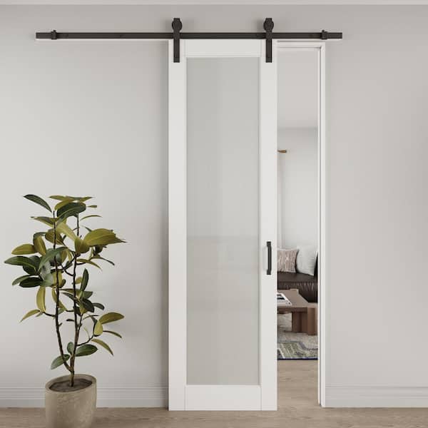 ARK DESIGN 28 in. x 96 in. 1-Lite Tempered Frosted Glass White Primed MDF Composite Sliding Barn Door with Hardware Kit