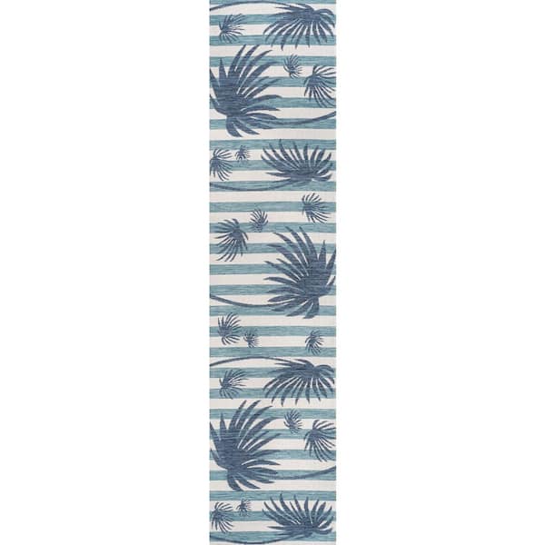 Veronica Classic Beach Stripe and Palm Leaf Navy/Cream 2 ft. x 8 ft. Indoor/Outdoor Runner Rug