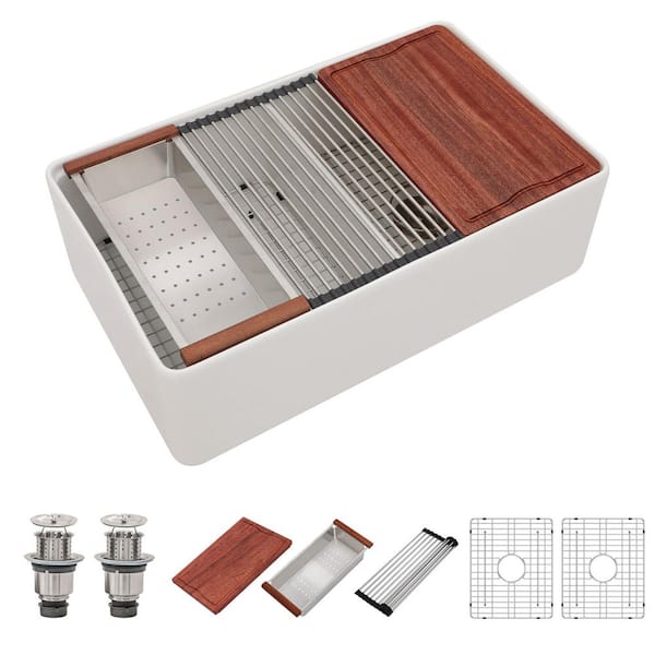 33" Gloss White Farmhouse Sink, Double Bowl 50/50 Split, Flat Apron Front, Fireclay Ceramic Porcelain Kitchen Sink