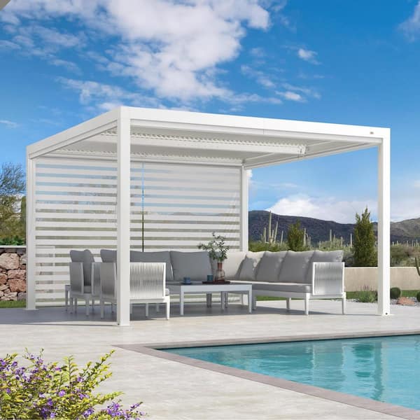 PURPLE LEAF 12 ft. x 12 ft. White Aluminum Frame Louvered Pergola with Adjustable Sunshade Rainproof Roofs and 1-Side Roller Shades