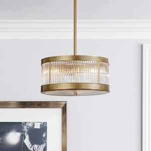 3-Light Mid-Century Modern Drum Chandelier in Antique Gold with Ribbed Glass Cylinder Shade
