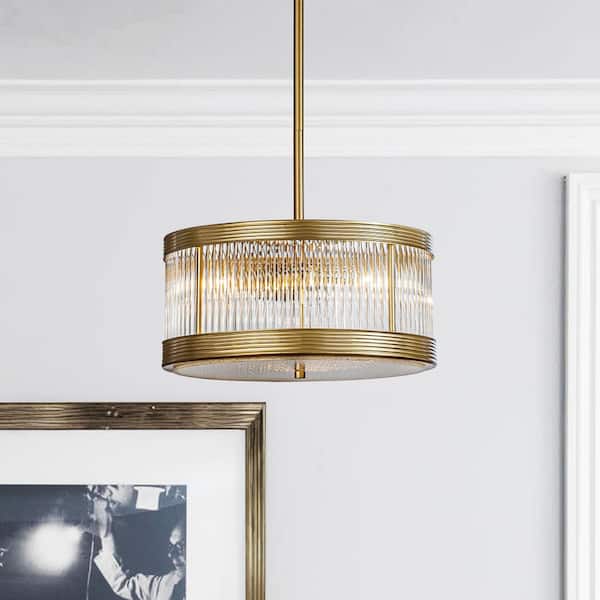 ALOA DECOR 3-Light Mid-Century Modern Drum Chandelier in Antique Gold with Ribbed Glass Cylinder Shade