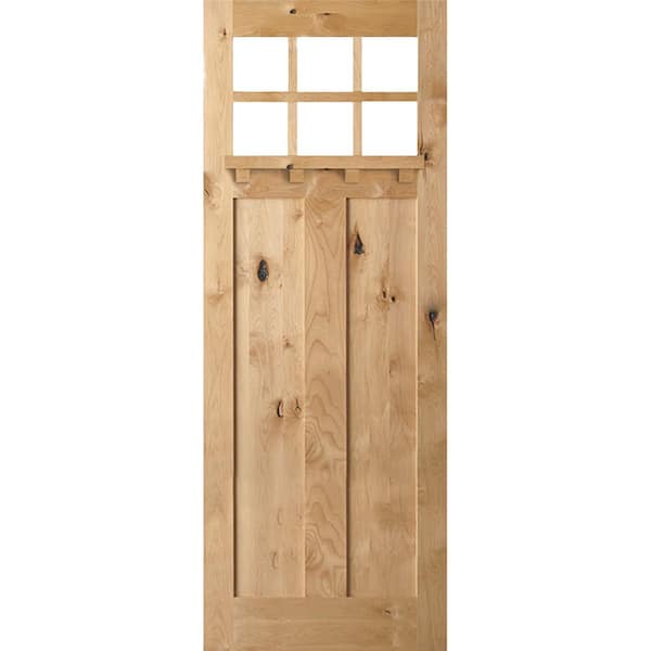 Krosswood Doors 36 in. x 96 in. Craftsman Knotty Alder 6-Lite Clear Glass with Dentil Shelf Unfinished Wood Front Door Slab