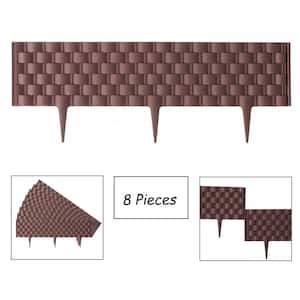 Set of 8-Pieces Decorative Rattan-Inspired Plastic Landscape Edging and Garden Fence Borders in a Rich Brown for Lawn