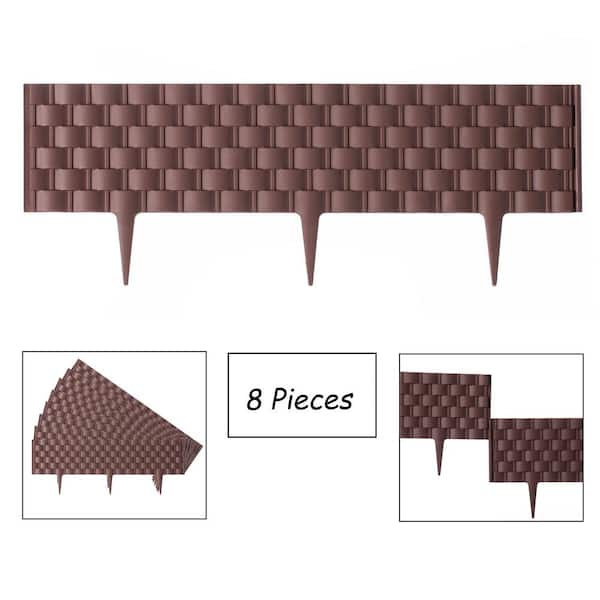 Gardenised Set of 8-Pieces Decorative Rattan-Inspired Plastic Landscape Edging and Garden Fence Borders in a Rich Brown for Lawn