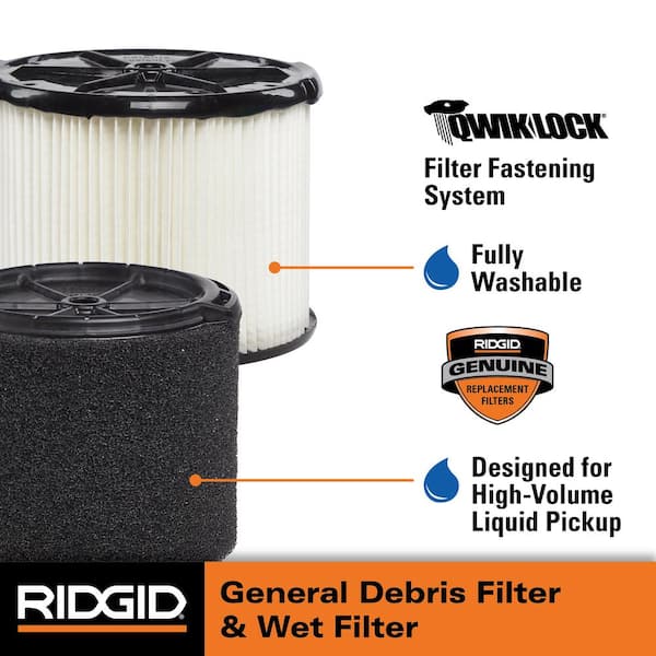 General Debris Pleated Paper and Wet Debris Foam Wet Dry Vac Filters for Most 3-4.5 Gallon RIDGID Wet Dry Vacs (2-Pack)