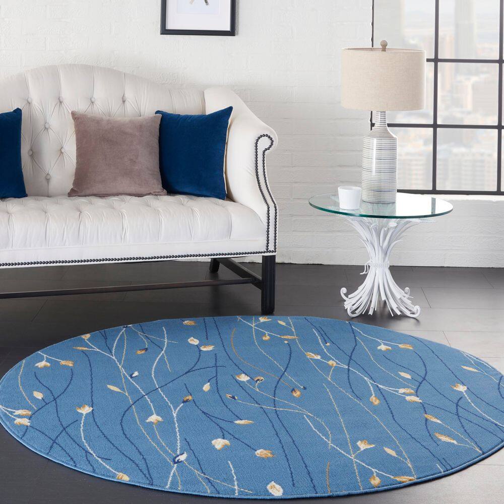 Light Blue Floral Round Synthetic Area Rug 5'3"