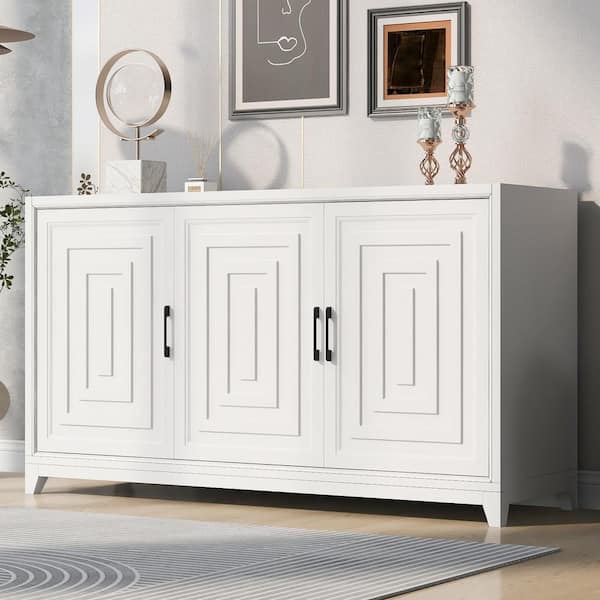 White Wood Top 59.1 in. 3-Door Sideboard TV Cabinet with Adjustable Shelves, and Solid Wood Legs