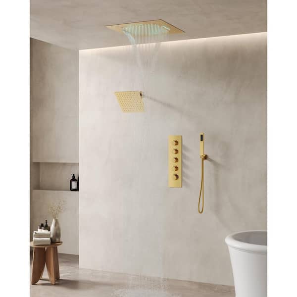 EVERSTEIN Square 15-Spray 20in. and 10in. Dual Shower Heads Ceiling Mount Fixed and Handheld Shower Head 2.5 GPM in Brushed Gold