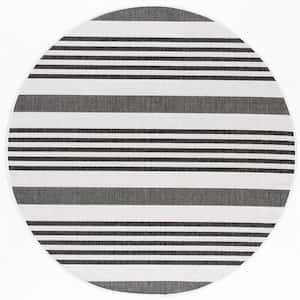Beach House Light Gray/Charcoal 7 ft. x 7 ft. Striped Indoor/Outdoor Patio  Round Area Rug