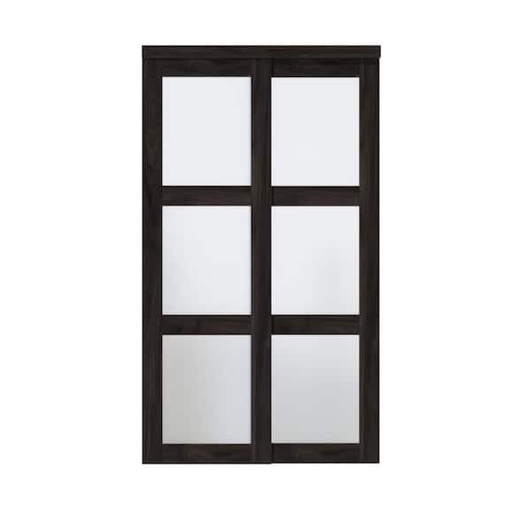 ARK DESIGN 48 in. x 80 in. 3-Lites Tempered Frosted Glass Dark Brown MDF Closet Sliding Door with Hardware Kit