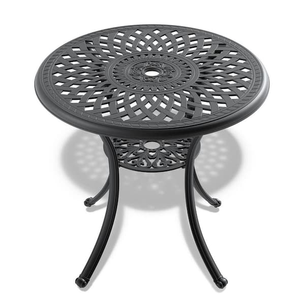 Zeus & Ruta 31.5 in. Round Cast Aluminum Patio Dining Table with Black Frame and Umbrella Hole for Backyard, Balcony and Poolside
