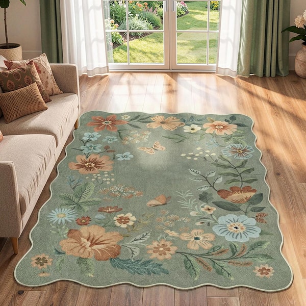 Washable Farmhouse Floral Print Wave-Shaped Non Slip Green Living Room Entryway 5 ft. x 7 ft. Area Rug