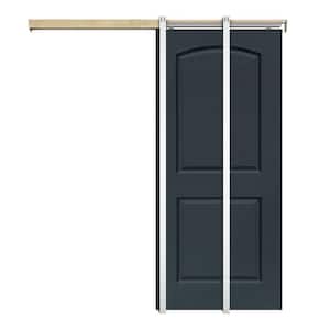 36 in x 80 in Charcoal Gray Painted Composite MDF 2Panel Round Top Sliding Door with Pocket Door Frame and Hardware Kit