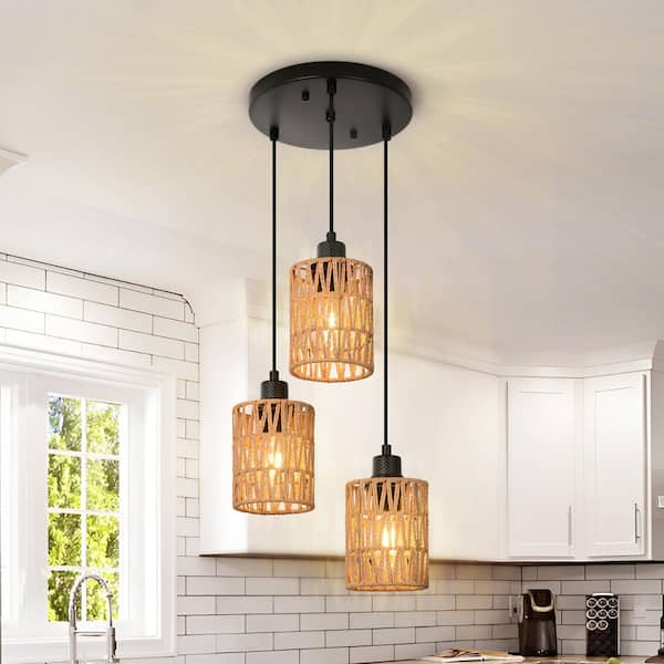 Jasslynn 3- Light Farmhouse Brown Pendant Light Chandelier with Rattan Shade for Island Foyer Dinning Living Room