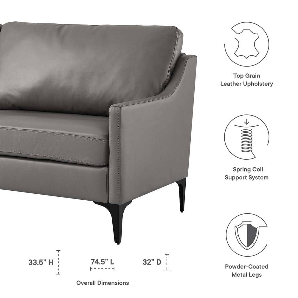 Mid-Century Modern Gray Leather Sofa with Removable Cushions