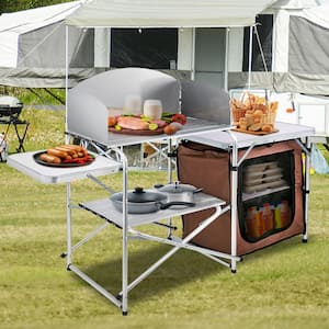 Outdoor 2-Tier Kitchen with Zippered Bag, Portable Folding Cook Table for BBQ, Party and Camping, Brown