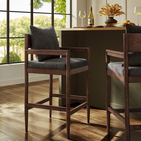 MODWAY Remington 29 in. Barstool in Charcoal-Modern Upholstered Bar Height Stool with Back and Armrests