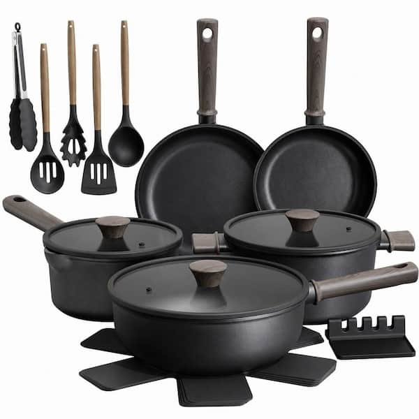 19-Piece Black Pots and Pans Set Healthy Non-Toxic Titanium Induction Kitchen Cookware Sets for Cooking with Frying Pans