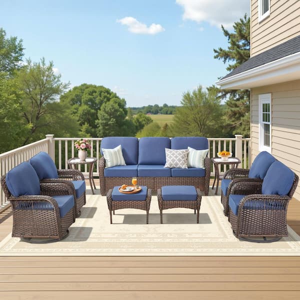 Brown 9-Piece Wicker Patio Conversation Set with Swivel Rocking Chair, Outdoor Couch Seating Set with Blue Cushion