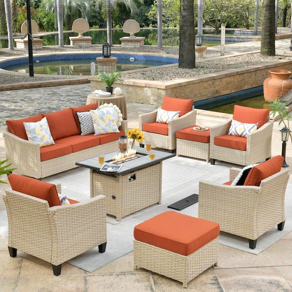 HOOOWOOO Oconee Beige 8-Piece Wicker Outdoor Rectangular Fire Pit Patio Conversation Sofa Seating Set with Orange Red Cushions